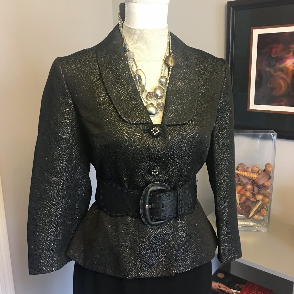KASPER BLACK/SILVER FITTED PEPLUM BLAZER